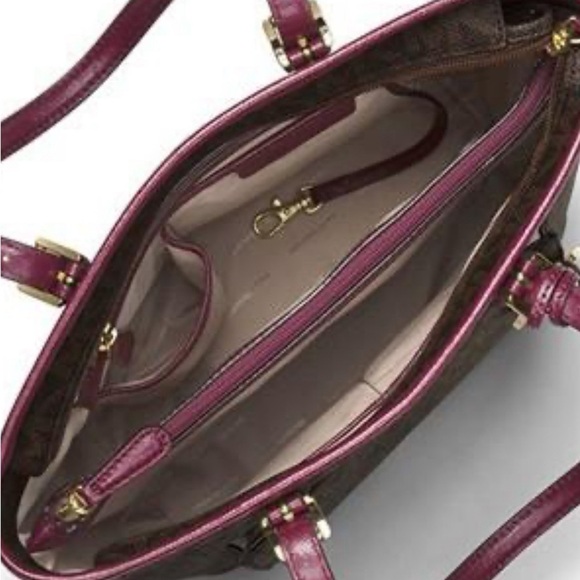 MICHAEL KORS Jet Set Travel Medium Canvas Leather Tote Brown/Red AUTHENTIC - Picture 10 of 10